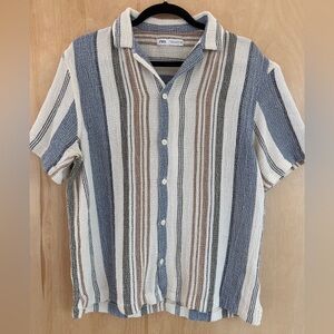 Zara Men's Casual Blue and Brown Striped Shirt